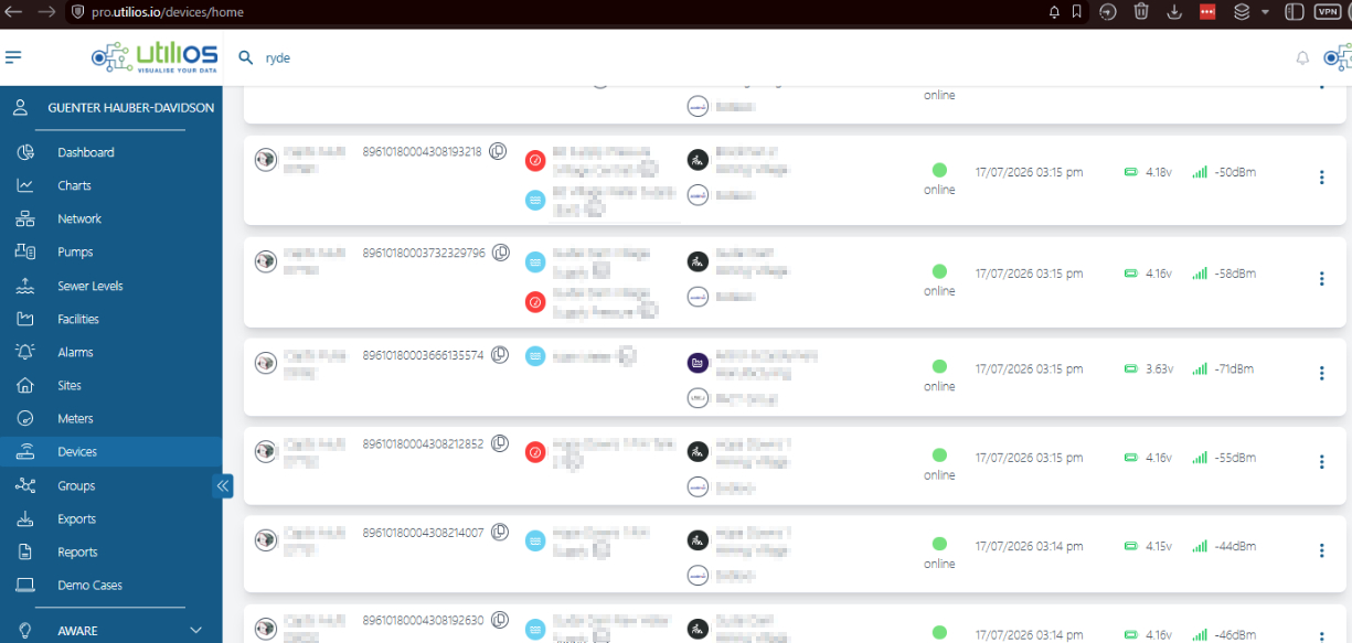 Device management at a glance. All the information you need to operate and maintain your devices to ensure they deliver insightful data. Screenshot of the Utilios platform